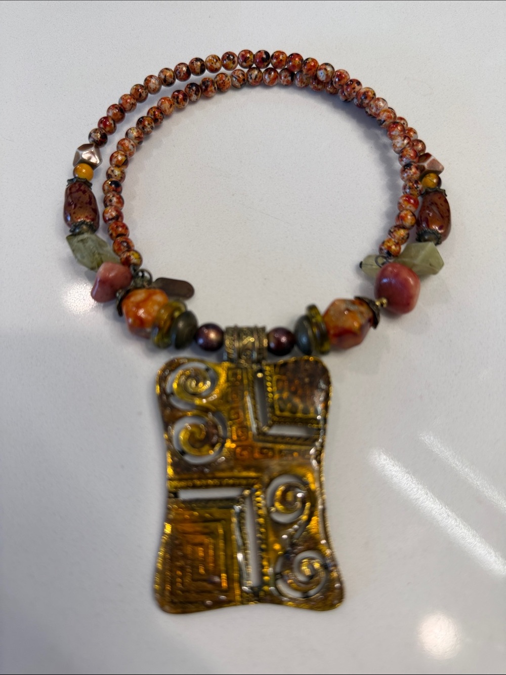 Artisan Gold and Amber Beaded Pendant Necklace - Women Jewelry